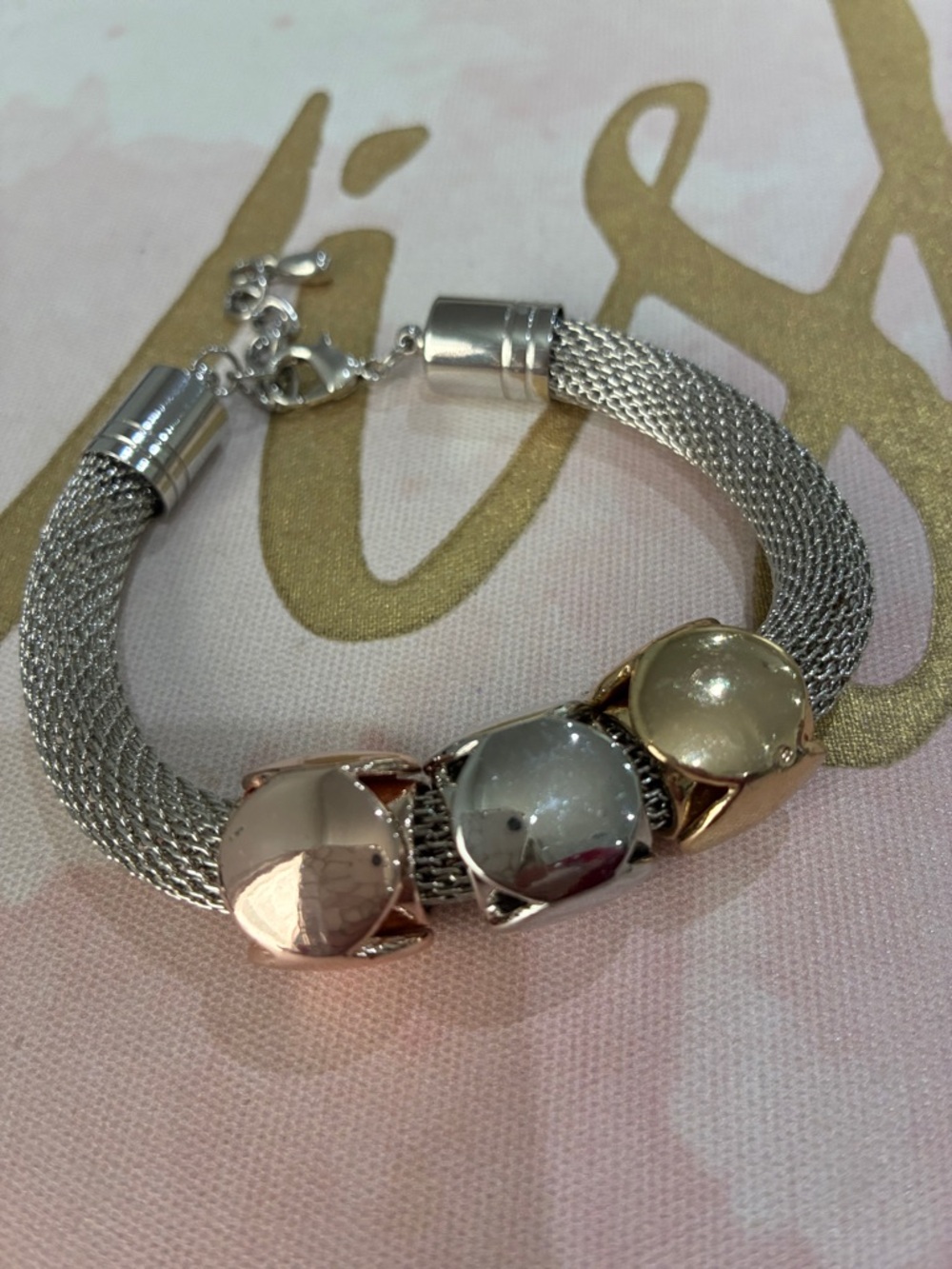 Three-Tone Silver Mesh Bracelet with Rose, Silver & Gold Domes